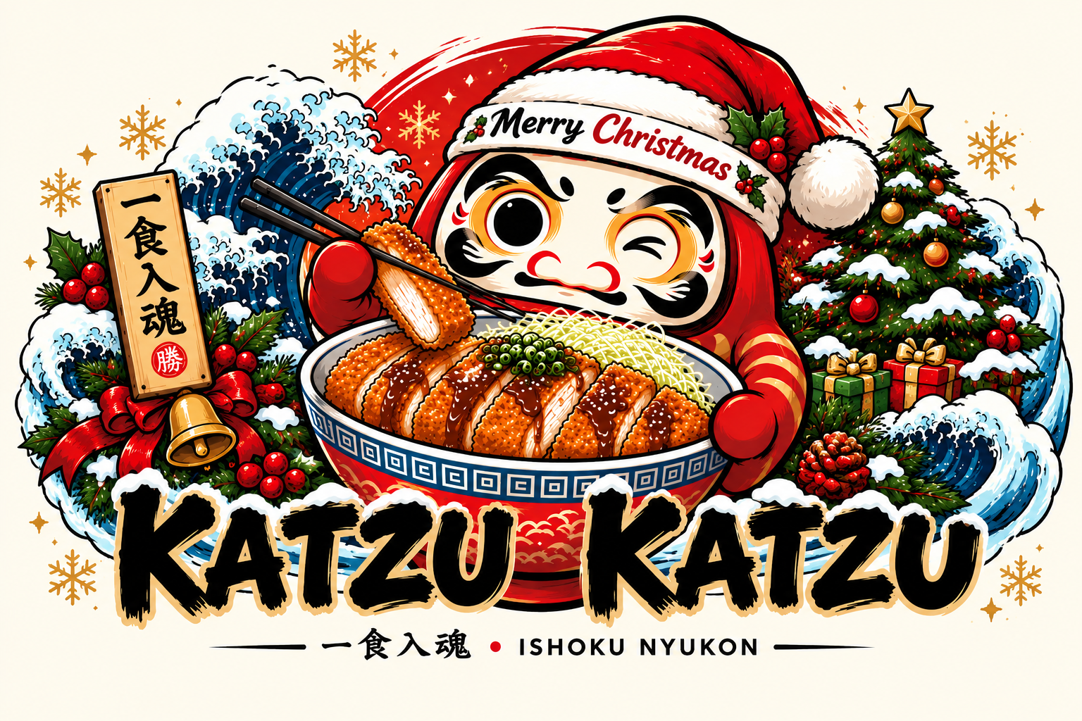 Christmas Daruma enjoying golden katsu beside a decorated Christmas tree — Katzu Katzu